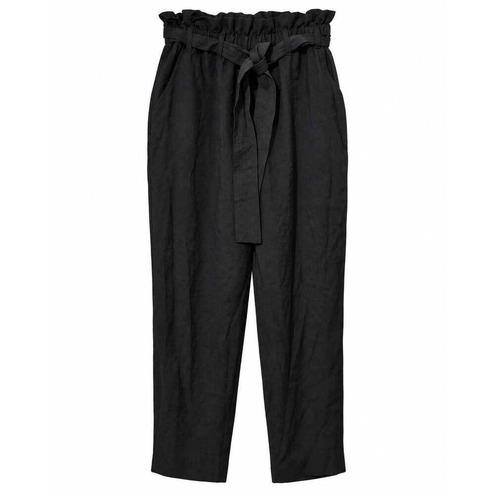 A New Day Womens M Black Paperbag Pants High Rise Tie Waist Cropped Trousers